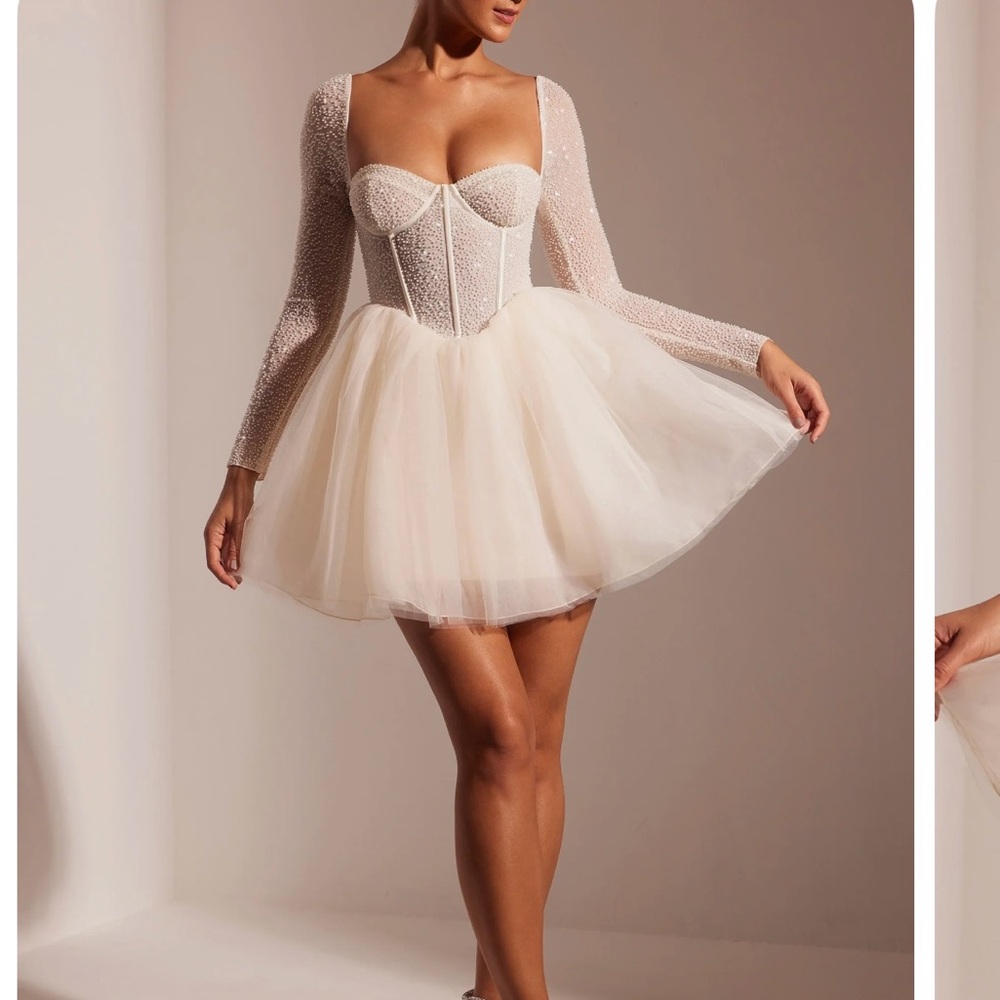 Oh Polly Embellished Long Sleeve Tulle Mini Dress  Ivory